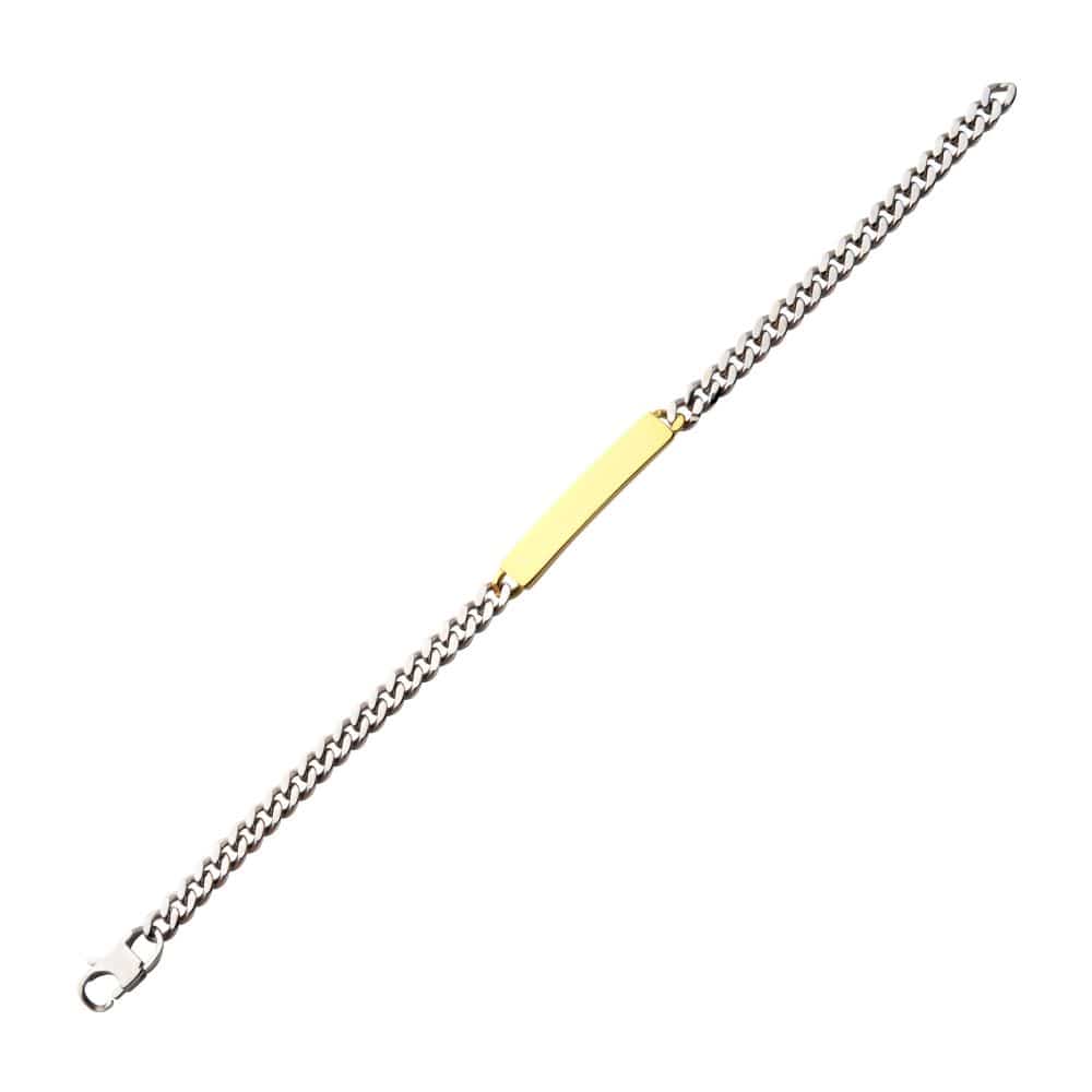 INOX JEWELRY Bracelets 5.5mm Steel Curb Chain Two-tone Bracelet with 18Kt Gold IP Engravable ID Plate BR44162GP-85