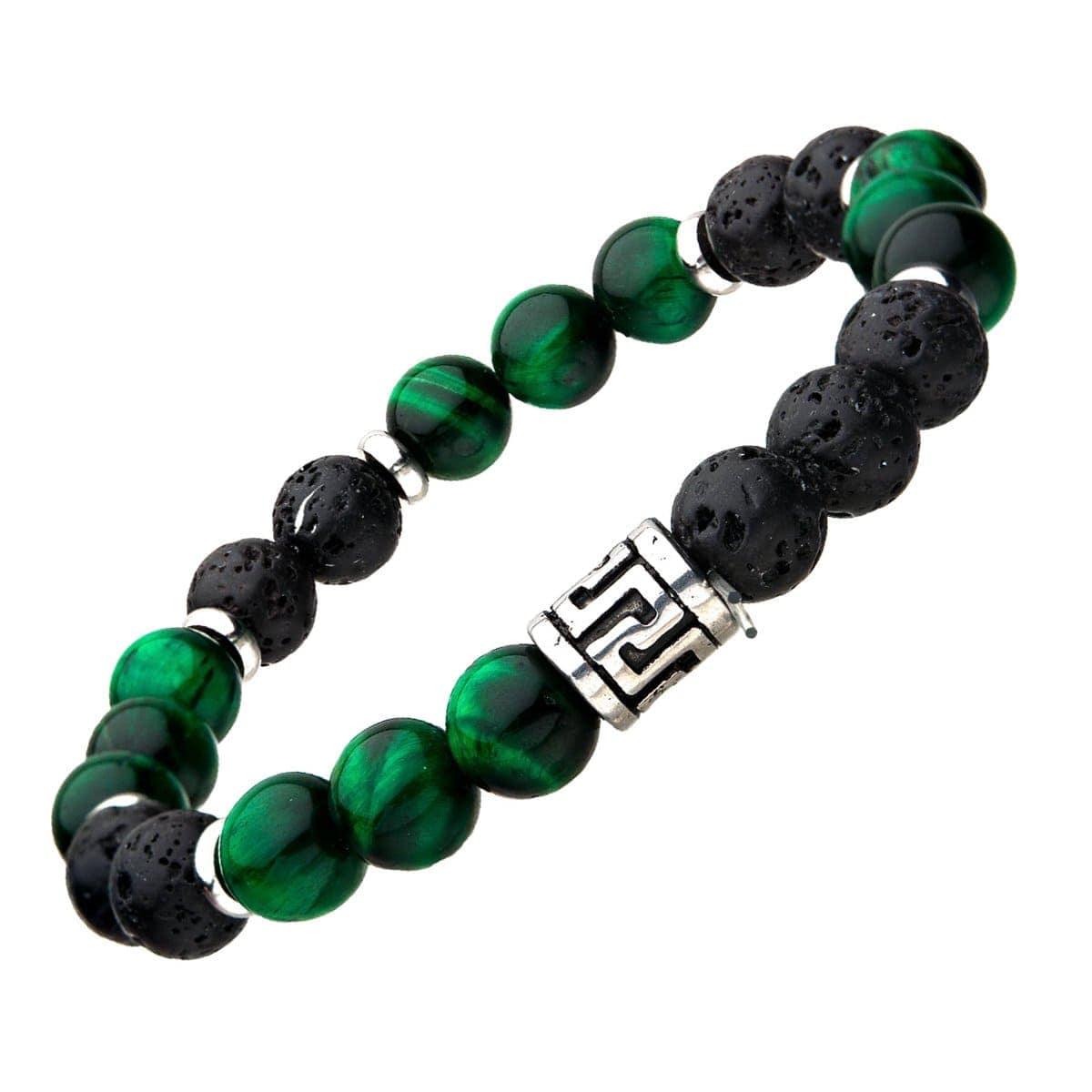 INOX JEWELRY Bracelets 8mm Green Tiger's Eye, Black Molten Lava Beads with Silver Tone Stainless Steel Detail Bracelet BR118LAVAKG