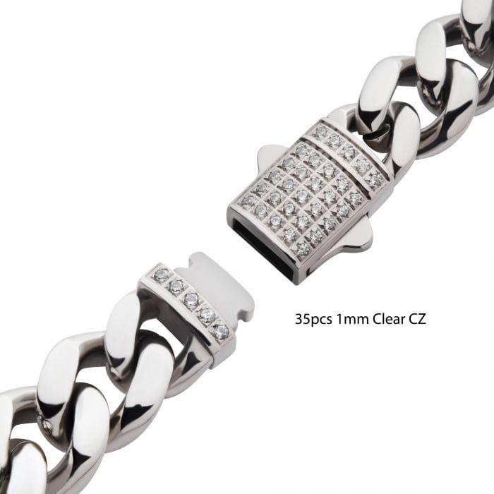 INOX JEWELRY Bracelets 8mm Silver Tone Stainless Steel Miami Cuban with CZ Double Tab Box Clasp Bracelet NSTC2108-8
