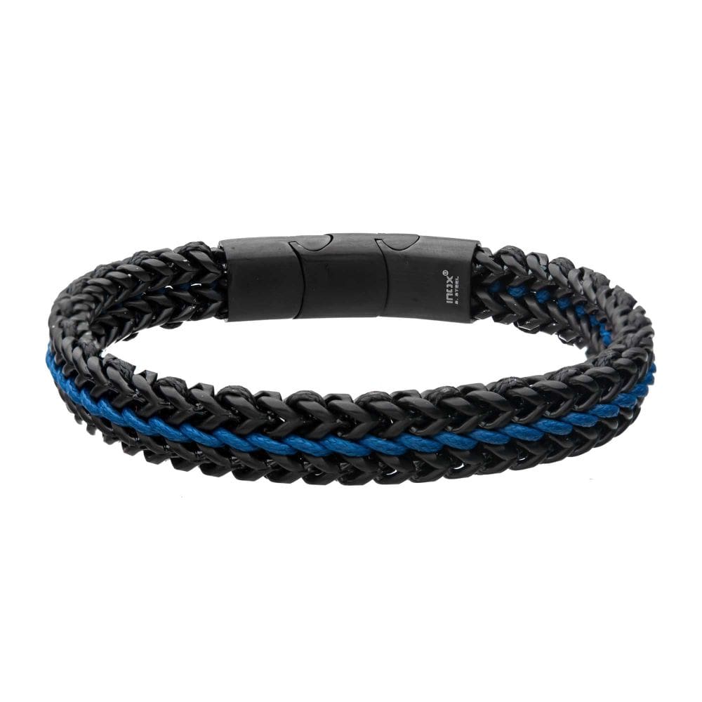 INOX JEWELRY Bracelets Allegiance Stainless Steel Bracelets with Blue Wax Cord binding 2 Black Antique Brushed Foxtail Links BRSWIRB010KB