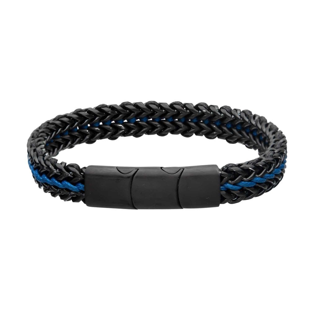 INOX JEWELRY Bracelets Allegiance Stainless Steel Bracelets with Blue Wax Cord binding 2 Black Antique Brushed Foxtail Links BRSWIRB010KB