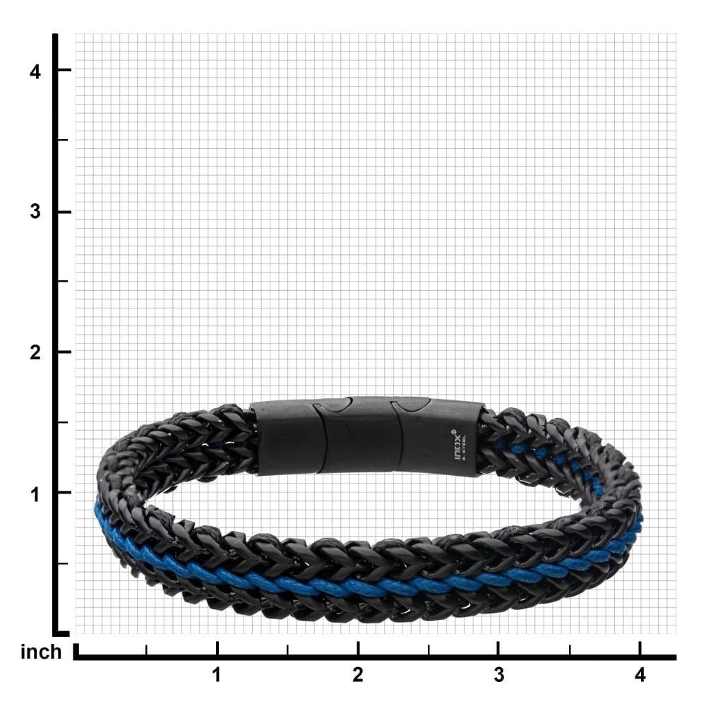 INOX JEWELRY Bracelets Allegiance Stainless Steel Bracelets with Blue Wax Cord binding 2 Black Antique Brushed Foxtail Links BRSWIRB010KB