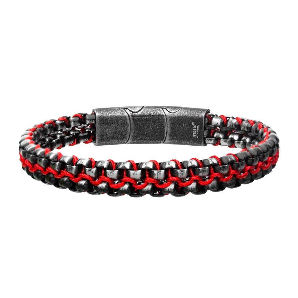 INOX JEWELRY Bracelets Allegiance Stainless Steel Bracelets with Red Wax Cord binding 2 Antique Brushed Bold Box Links BRSWIRB014MR