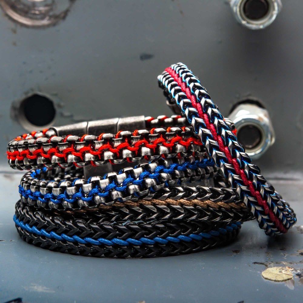 INOX JEWELRY Bracelets Allegiance Stainless Steel Bracelets with Red Wax Cord binding 2 Antique Brushed Bold Box Links BRSWIRB014MR