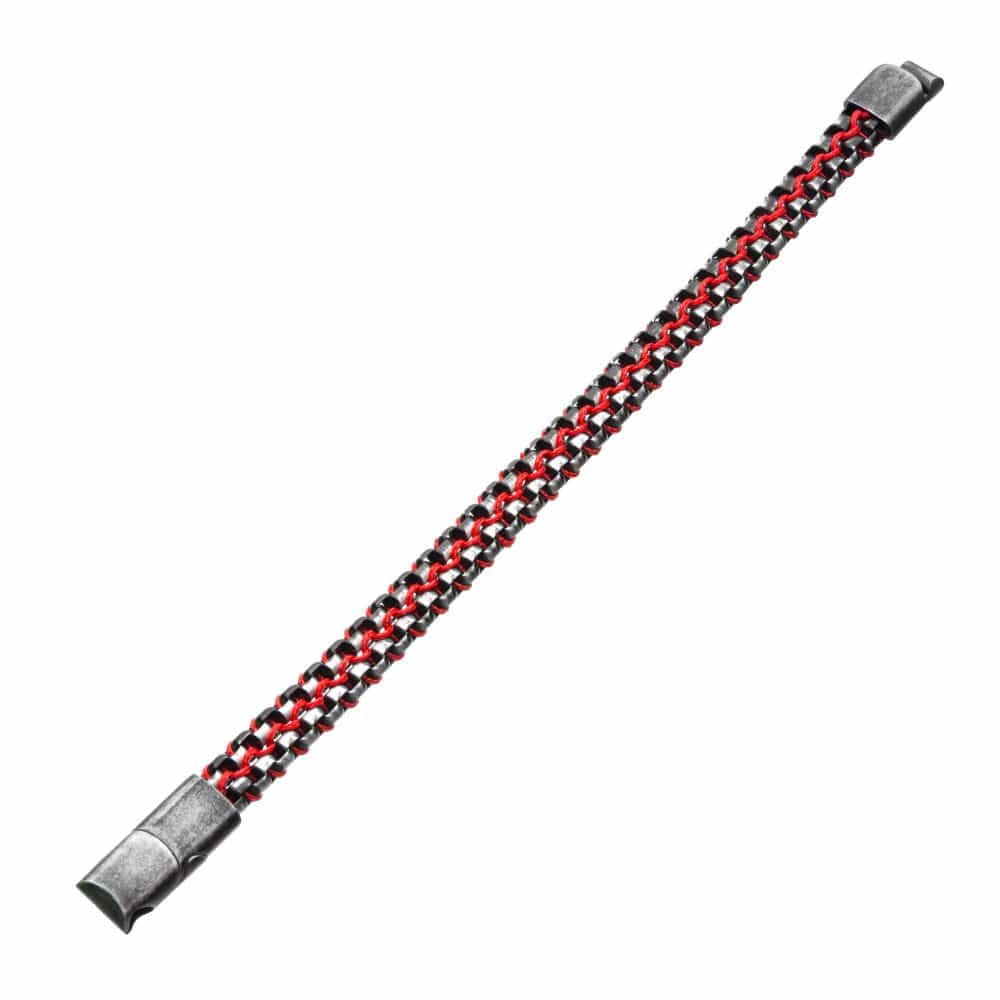 INOX JEWELRY Bracelets Allegiance Stainless Steel Bracelets with Red Wax Cord binding 2 Antique Brushed Bold Box Links BRSWIRB014MR