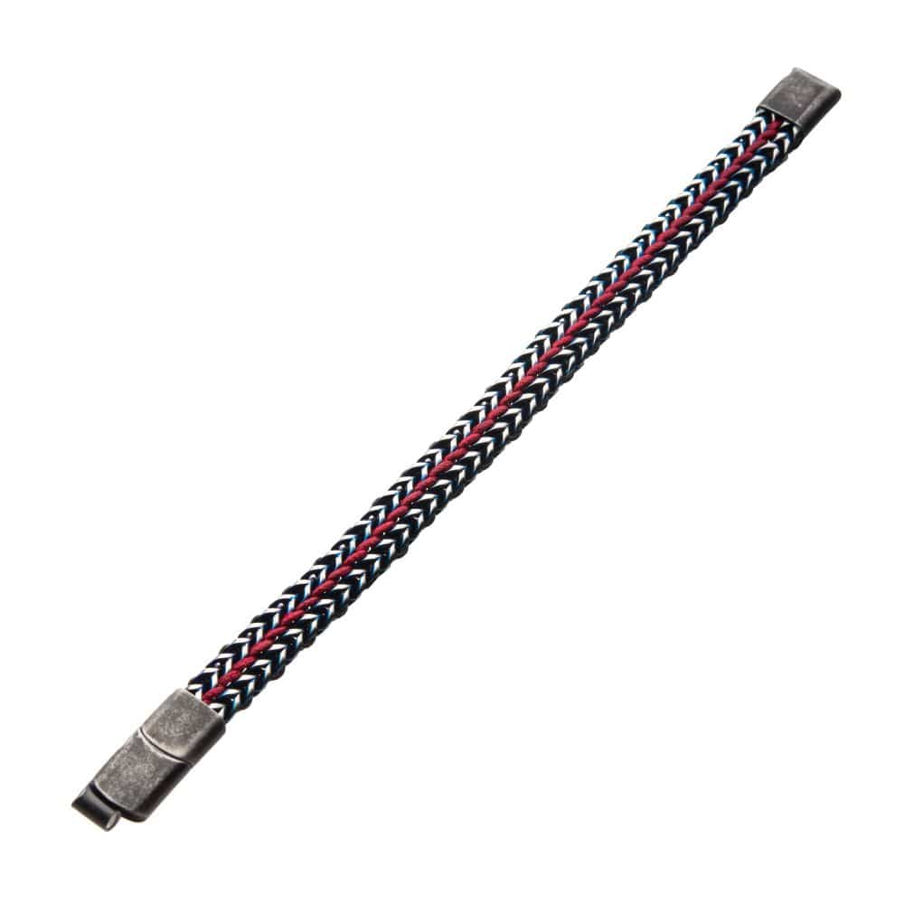 INOX JEWELRY Bracelets Allegiance Stainless Steel Bracelets with Red Wax Cord binding 2 Blue Antique Brushed Foxtail Links BRSWIRB010BR