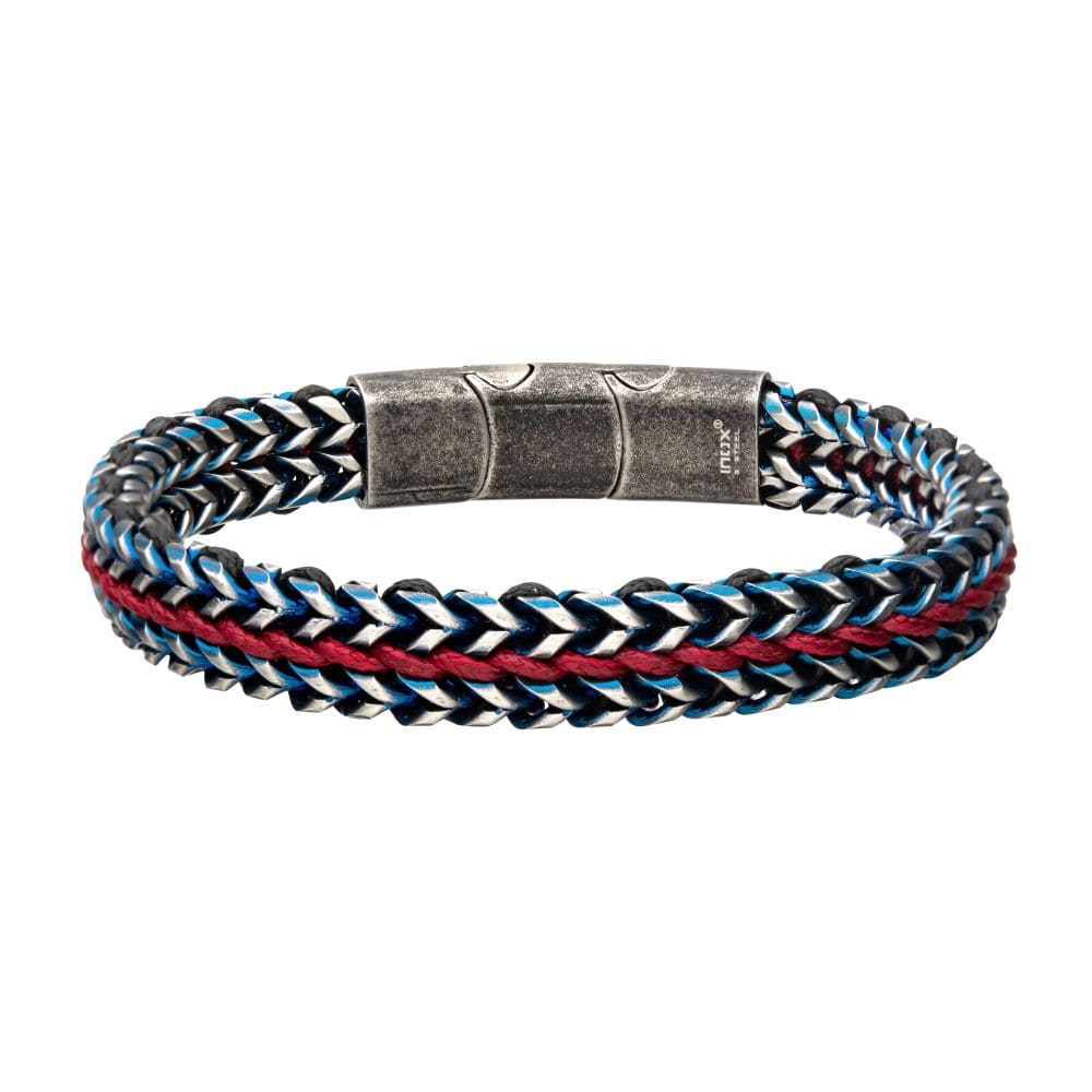 INOX JEWELRY Bracelets Allegiance Stainless Steel Bracelets with Red Wax Cord binding 2 Blue Antique Brushed Foxtail Links BRSWIRB010BR