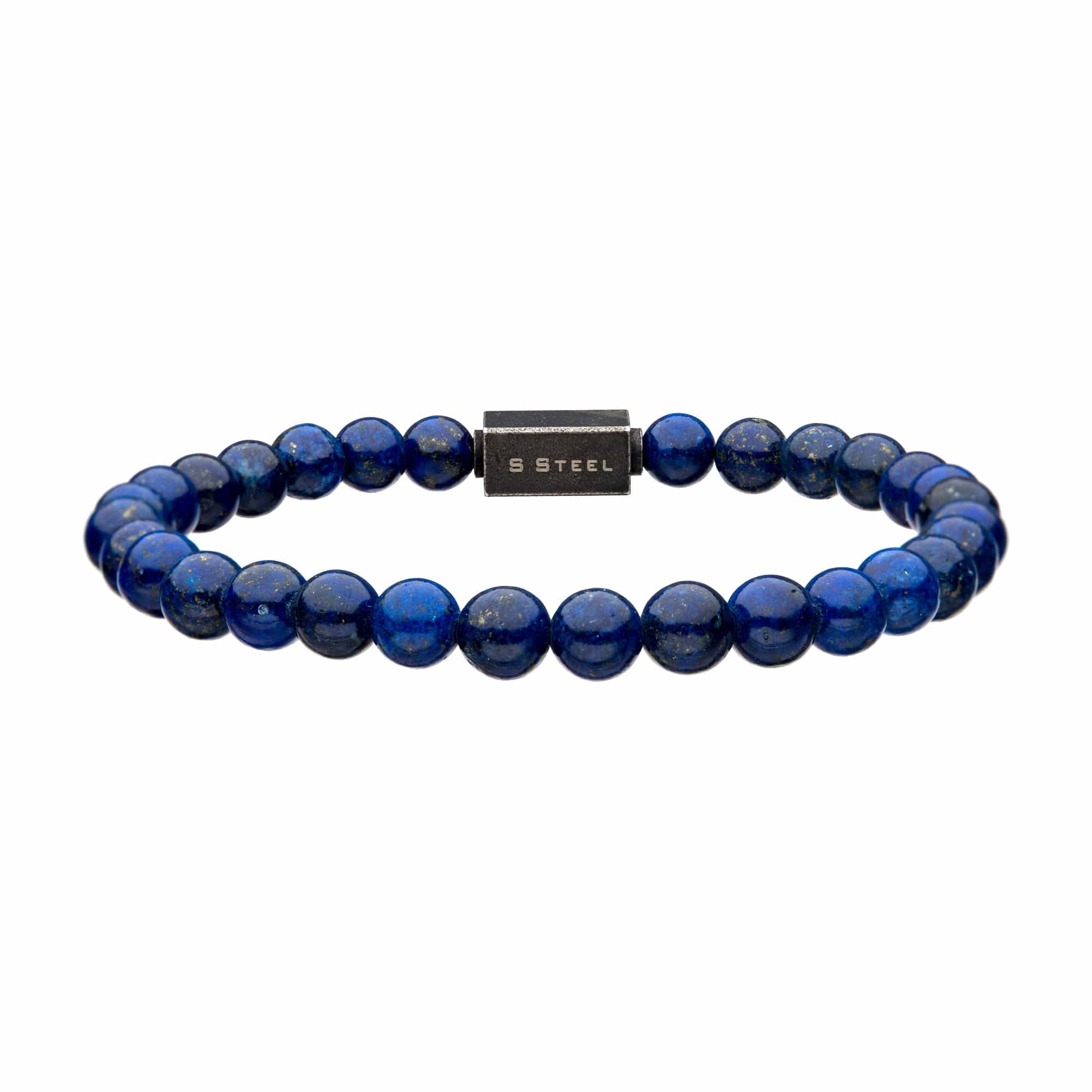 INOX JEWELRY Bracelets Antiqued Silver Tone Stainless Steel 6mm Blue Lapis Lazuli Stretch Bead Bracelet BRELB