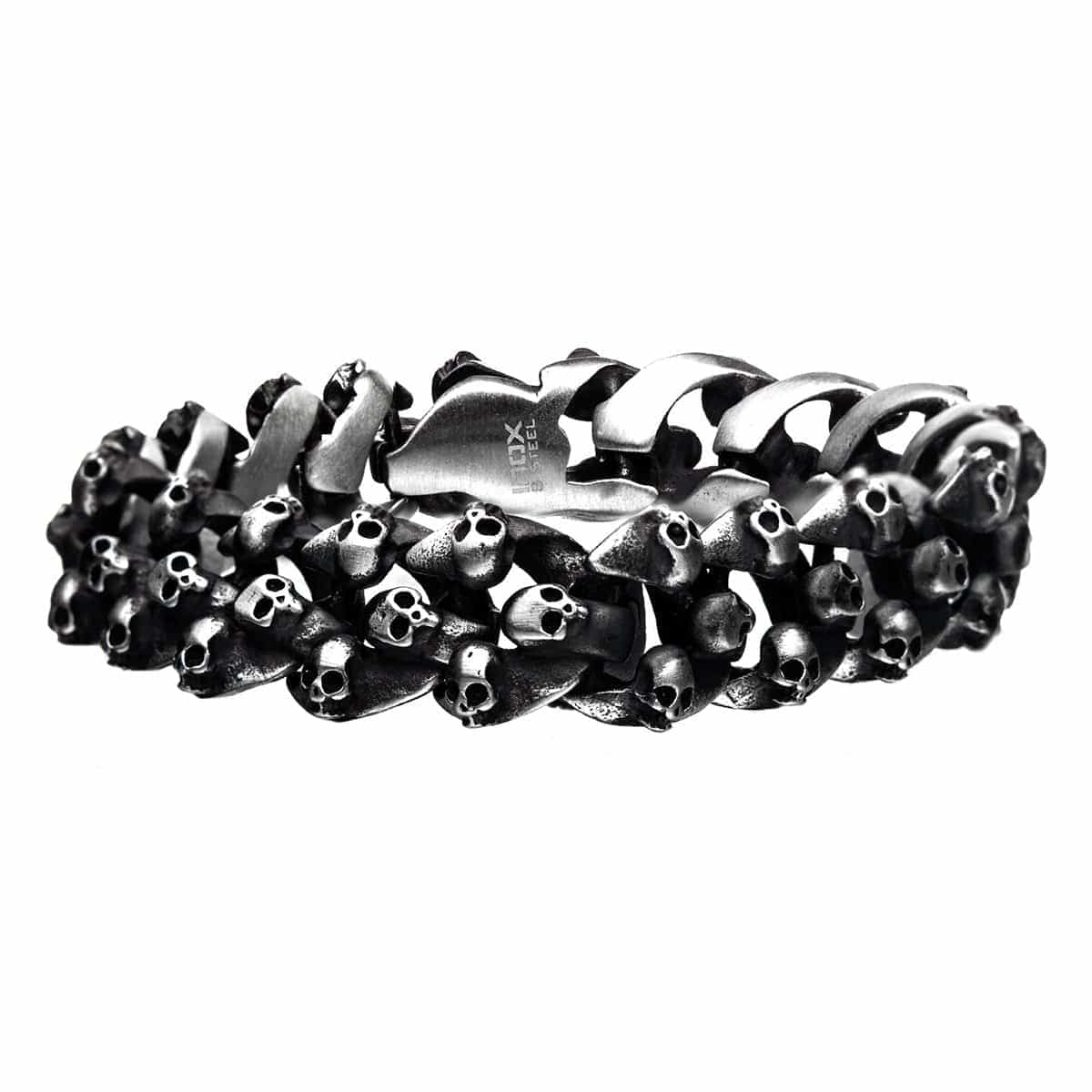 INOX JEWELRY Bracelets Antiqued Silver Tone Stainless Steel Brushed Mountain of Skulls Bracelet BR4016