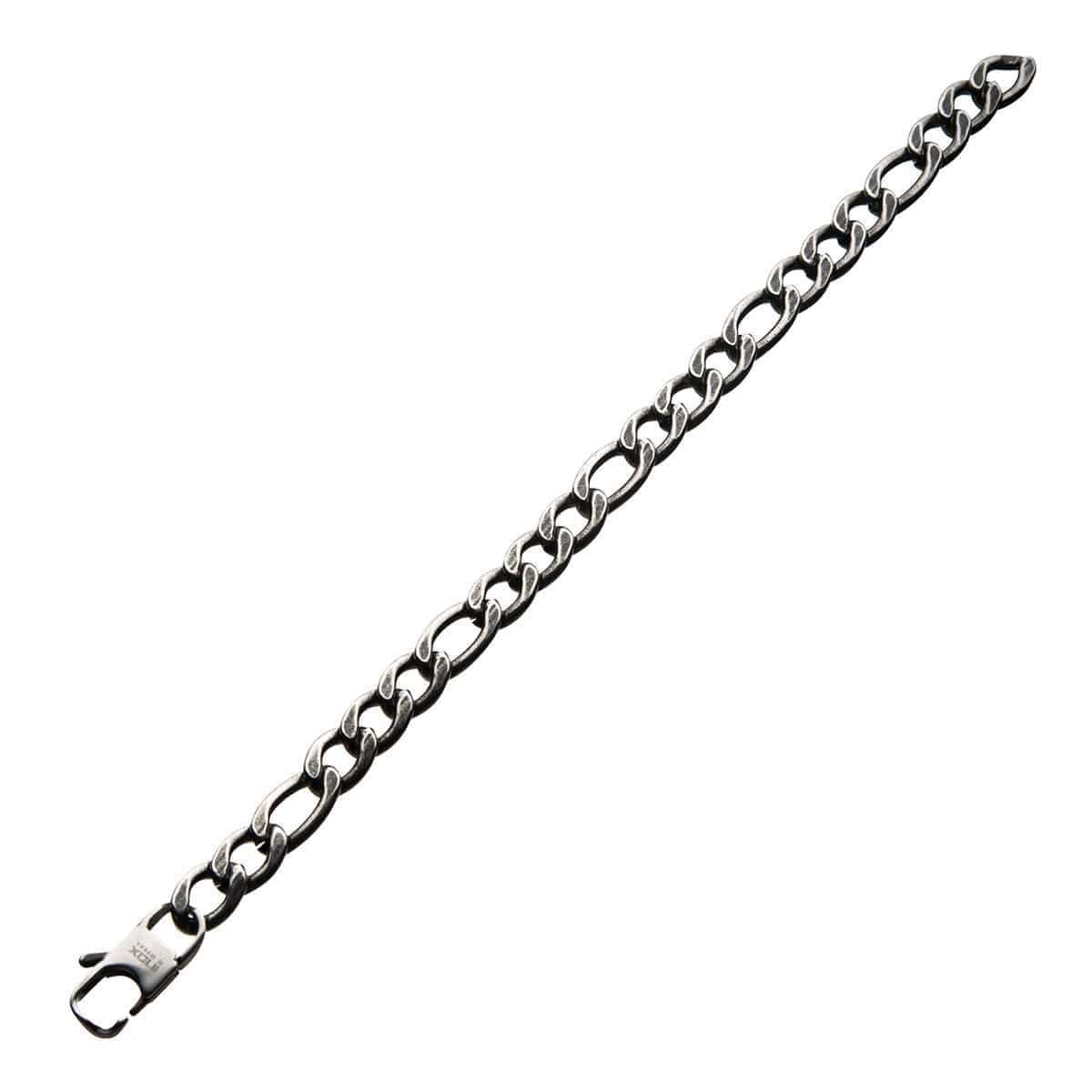 INOX JEWELRY Bracelets Antiqued Silver Tone Stainless Steel Oxidized Finish 11mm Figaro Chain Bracelet BRAT03611-85