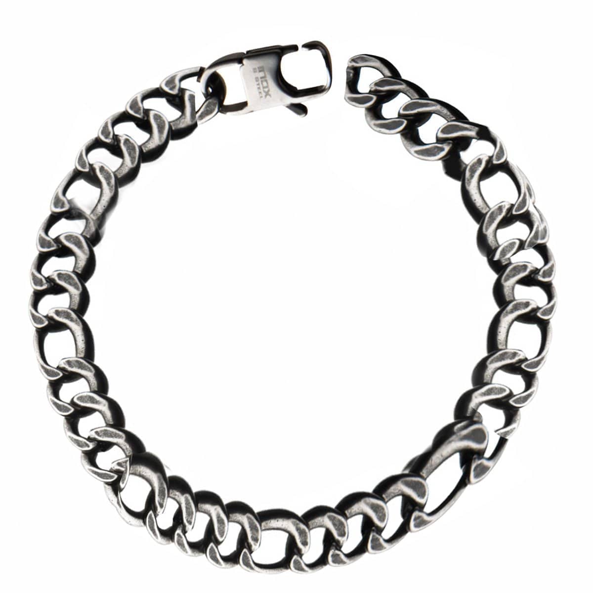 INOX JEWELRY Bracelets Antiqued Silver Tone Stainless Steel Oxidized Finish 11mm Figaro Chain Bracelet BRAT03611-85