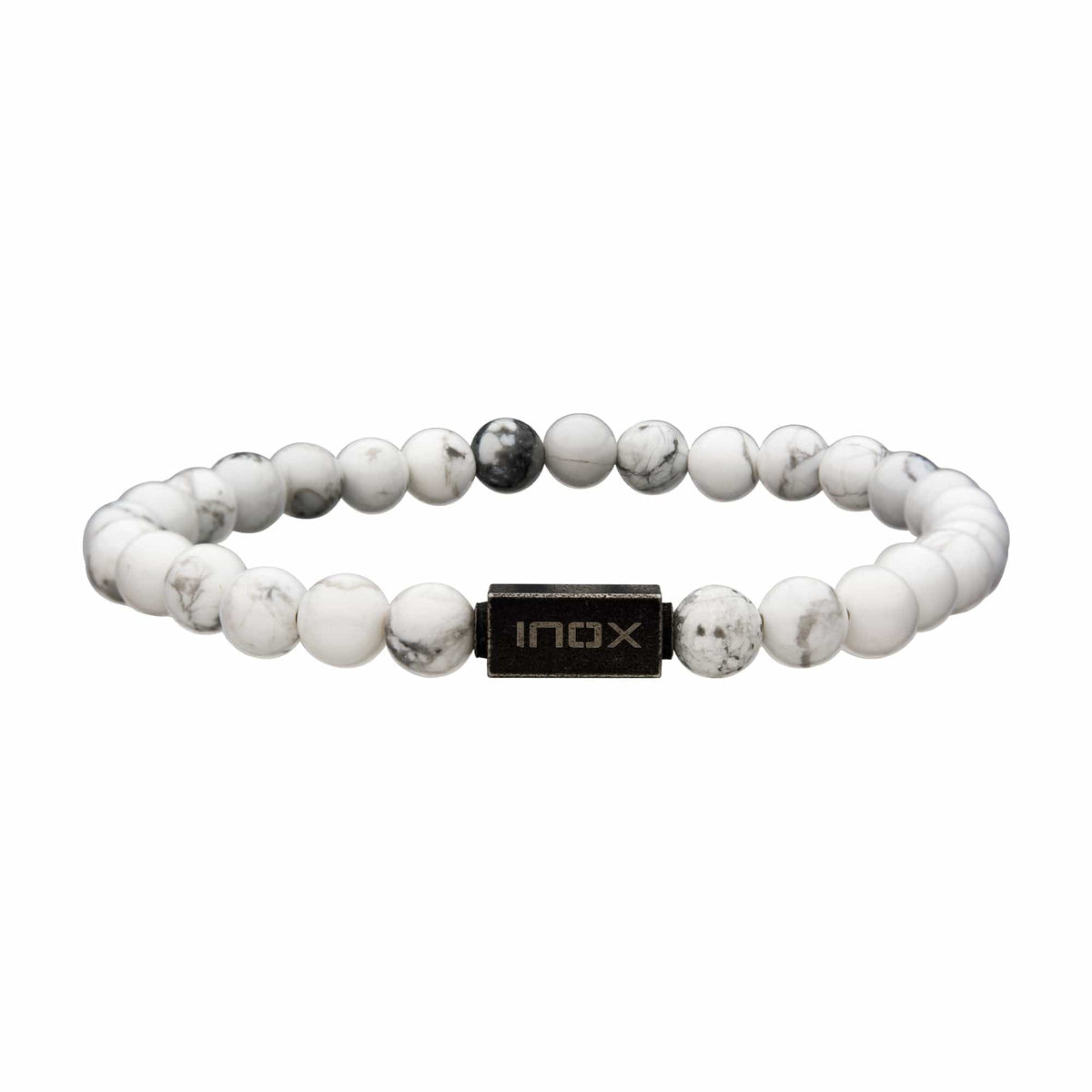 INOX JEWELRY Bracelets Antiqued Silver Tone Stainless Steel Stonehenge Collection 6mm White Howlite Stretch Bead Bracelet BRELWH