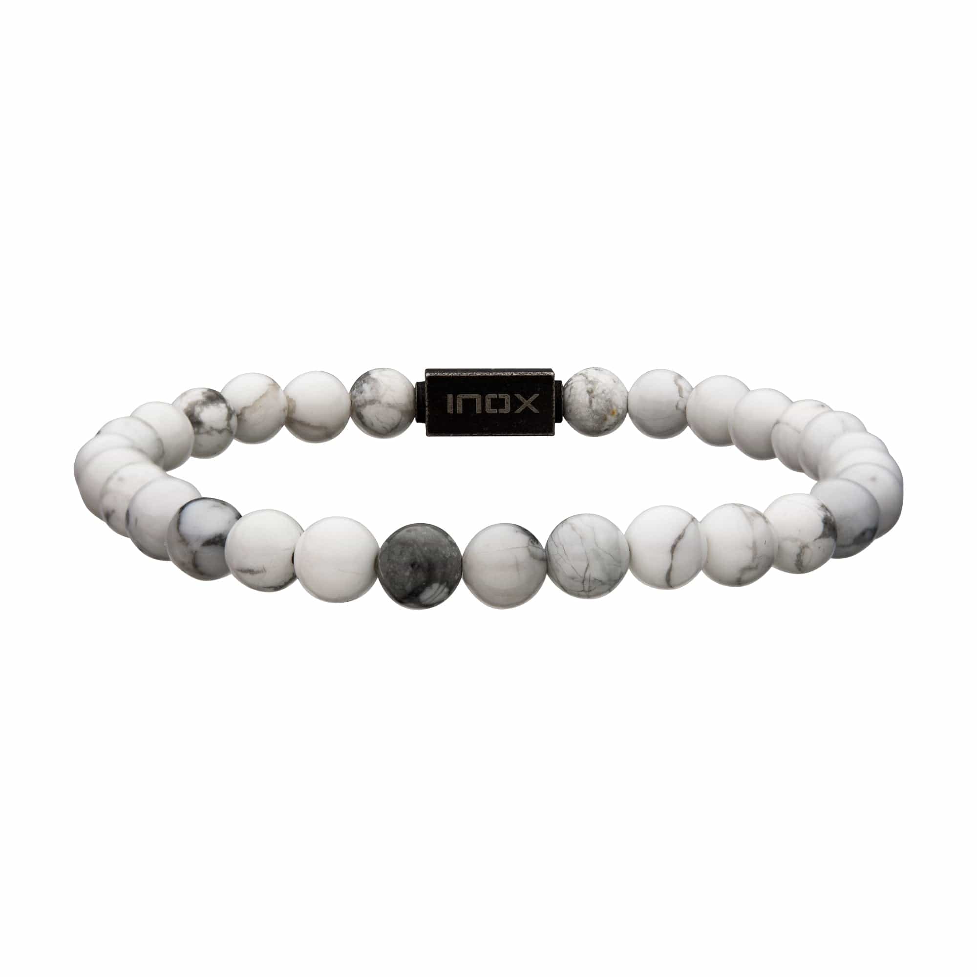 INOX JEWELRY Bracelets Antiqued Silver Tone Stainless Steel Stonehenge Collection 6mm White Howlite Stretch Bead Bracelet BRELWH