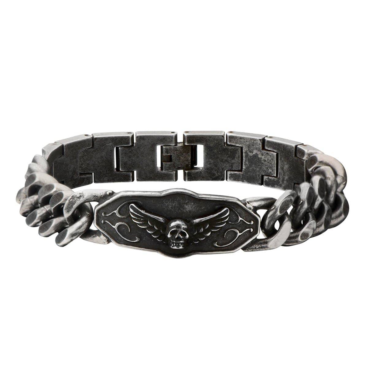 INOX JEWELRY Bracelets Antiqued Silver Tone Stainless Steel Winged Skeleton Biker Bracelet BR1207