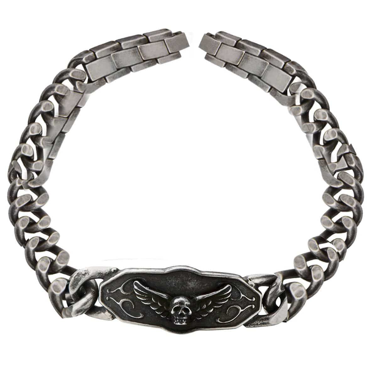 INOX JEWELRY Bracelets Antiqued Silver Tone Stainless Steel Winged Skeleton Biker Bracelet BR1207