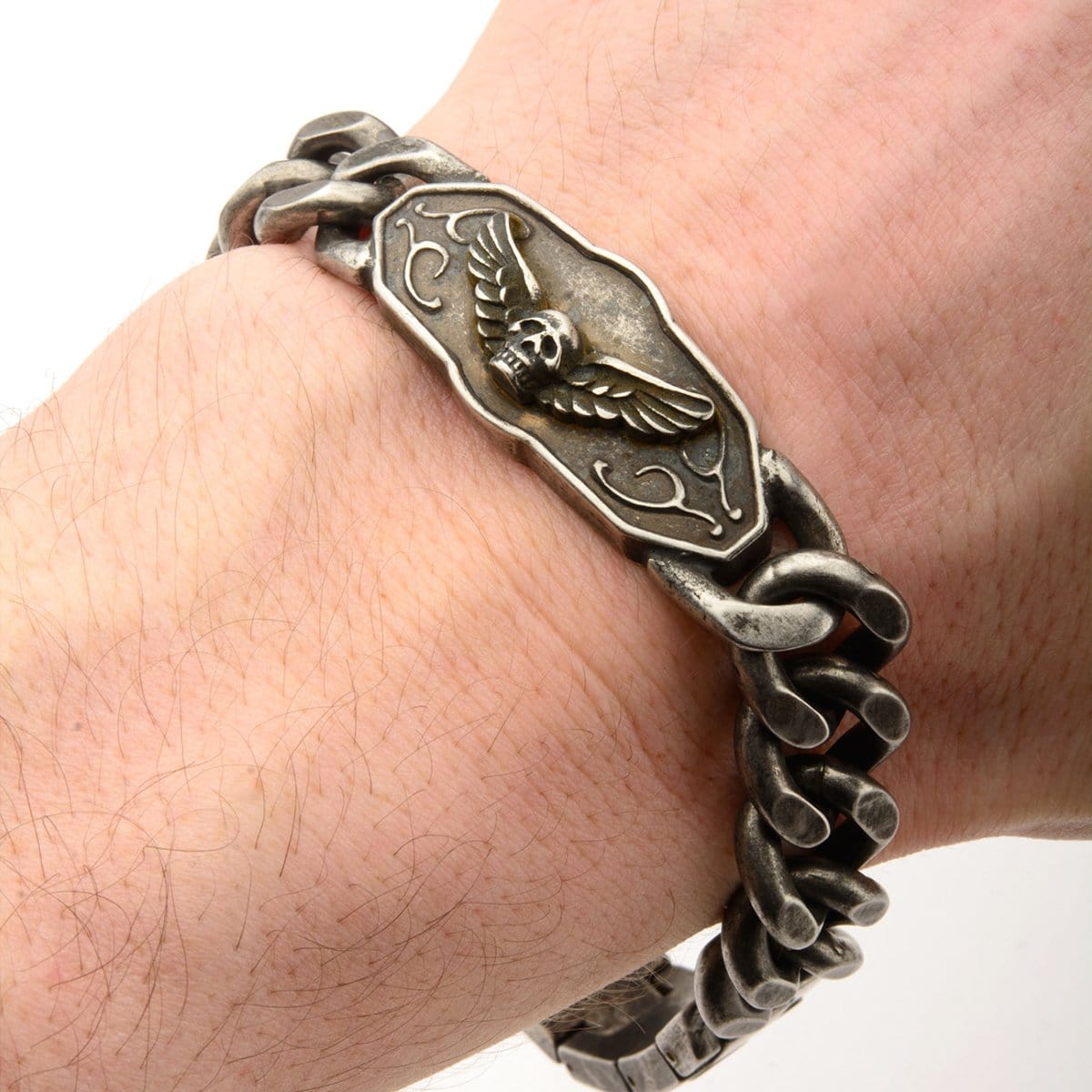 INOX JEWELRY Bracelets Antiqued Silver Tone Stainless Steel Winged Skeleton Biker Bracelet BR1207