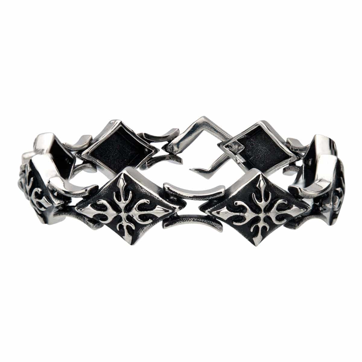 INOX JEWELRY Bracelets Antiqued Silver Tone Stainless Steel with Diamond Pattern Links Bracelet BR04