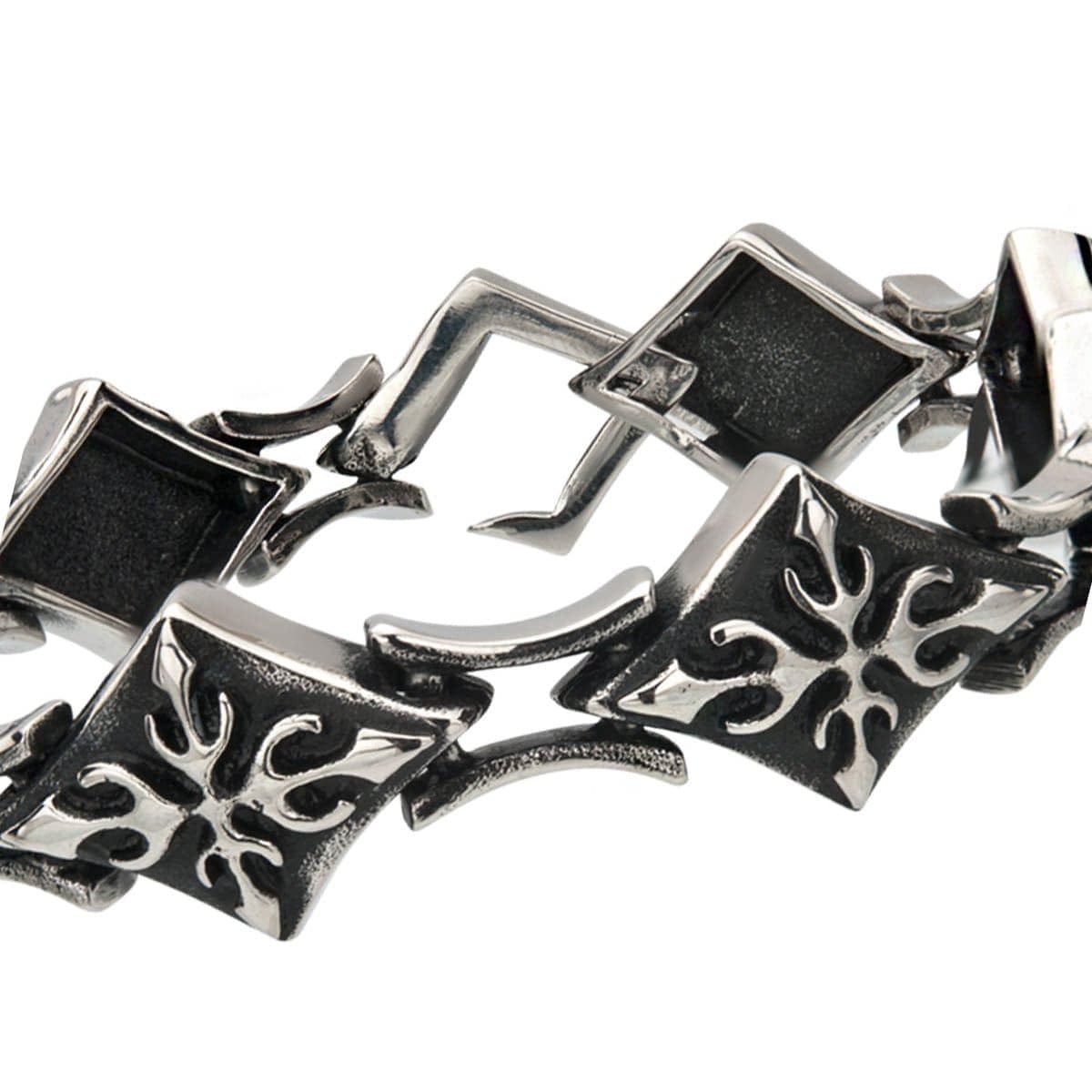 INOX JEWELRY Bracelets Antiqued Silver Tone Stainless Steel with Diamond Pattern Links Bracelet BR04