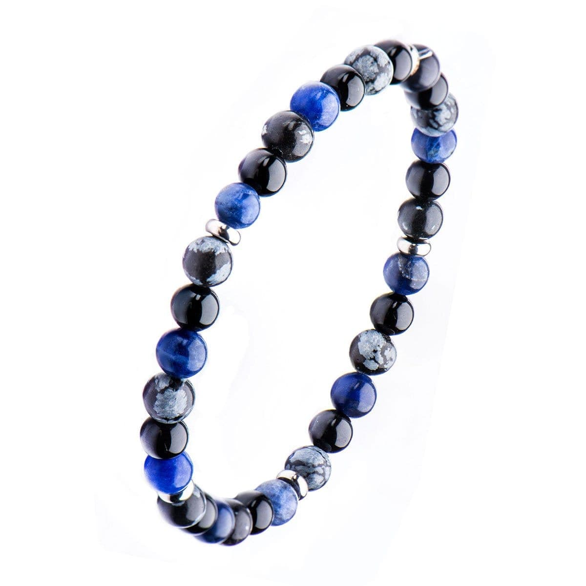 INOX JEWELRY Bracelets Black Agate, Blue Sodalite and Snowflake Stone 6mm Beads with Silver Tone Stainless Steel Detail Bracelet BRSS011