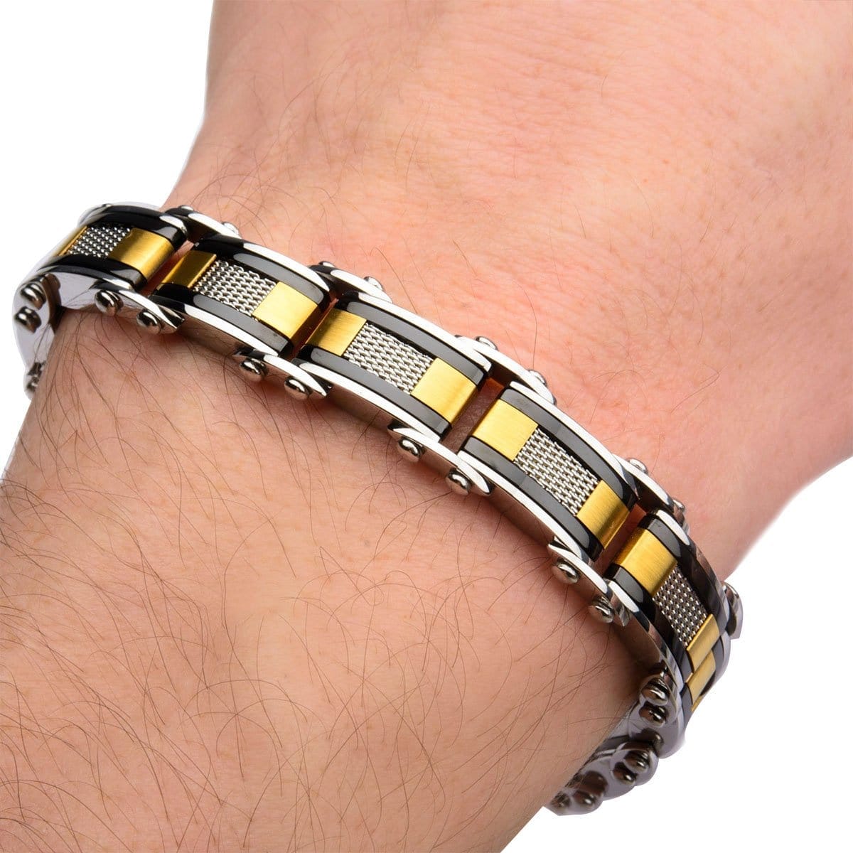 INOX JEWELRY Bracelets Black and Golden Stainless Steel Exposed Mesh Reversible Bracelet BRDDS06
