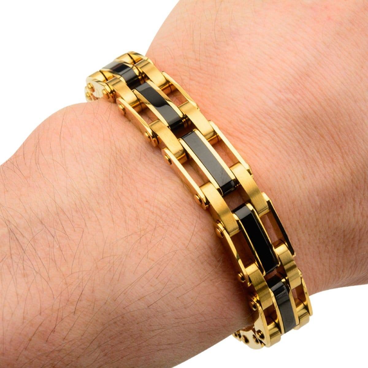 INOX JEWELRY Bracelets Black and Golden Tone Stainless Steel Macho Link Bracelet BR1212