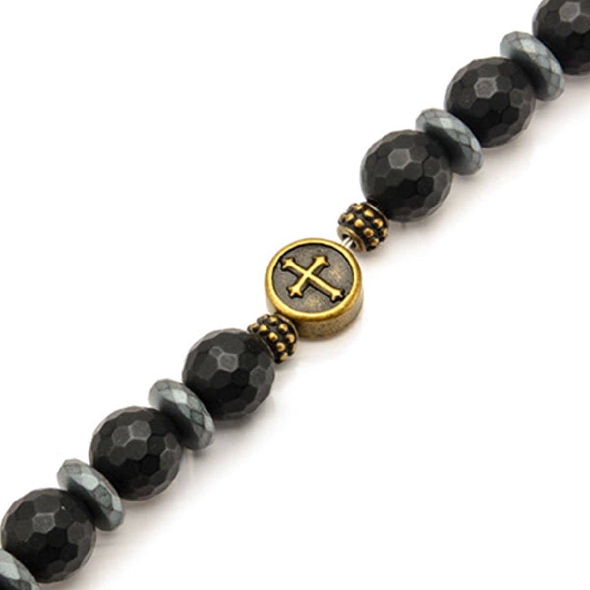 INOX JEWELRY Bracelets Black and Golden Tone Stainless Steel with Black Hematite Roberto Arichi Cross and Skull Bead Bracelet BRRA148K