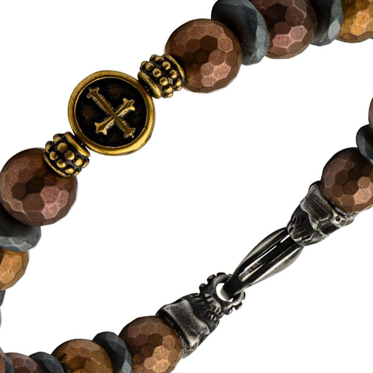 INOX JEWELRY Bracelets Black and Golden Tone Stainless Steel with Brown Hematite Roberto Arichi Cross and Skull Bead Bracelet BRRA148