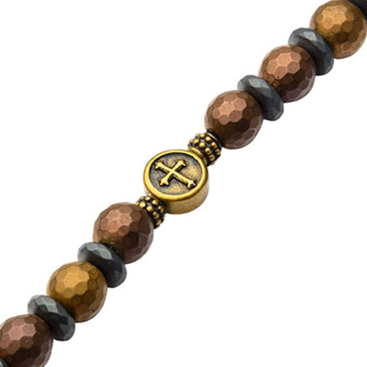 INOX JEWELRY Bracelets Black and Golden Tone Stainless Steel with Brown Hematite Roberto Arichi Cross and Skull Bead Bracelet BRRA148