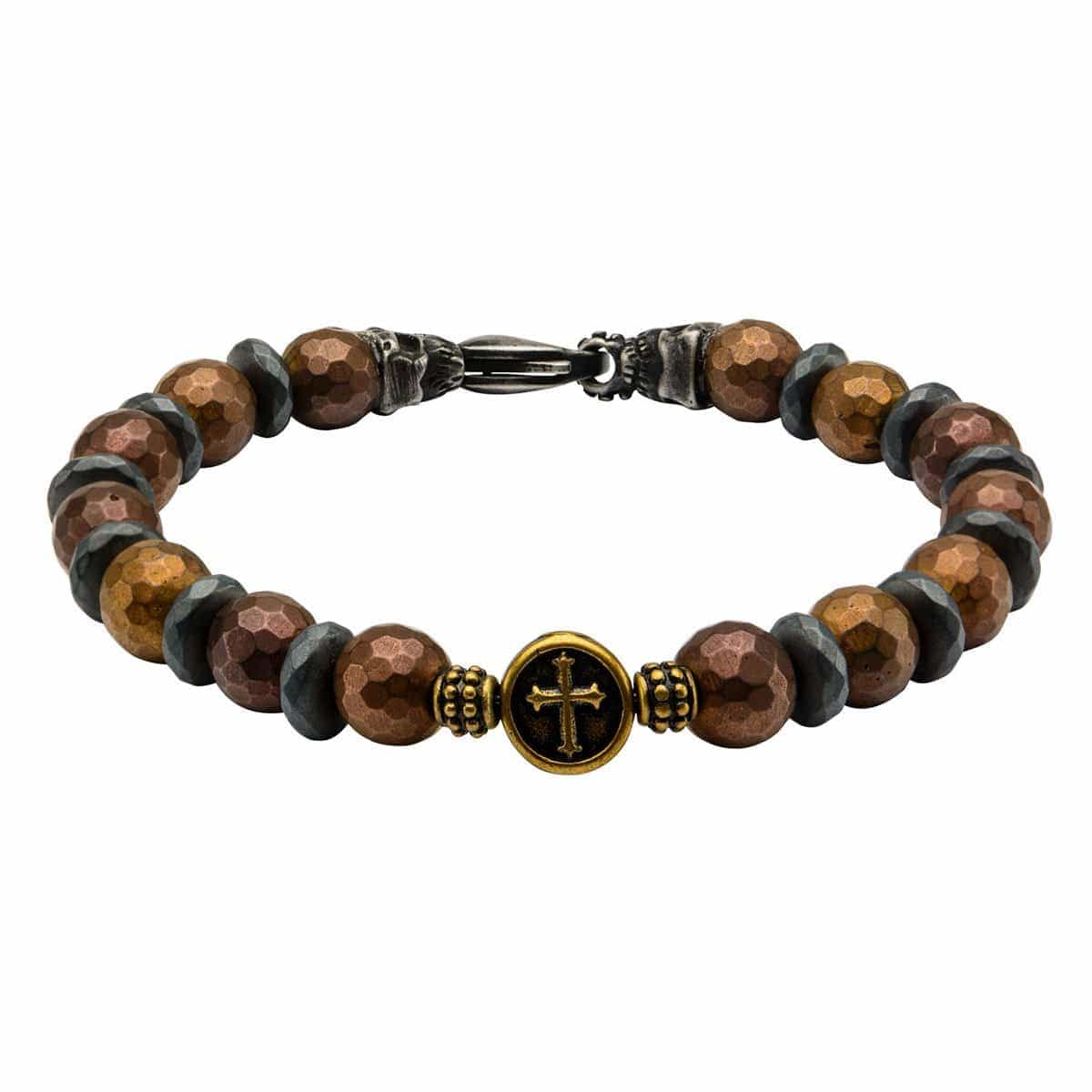 INOX JEWELRY Bracelets Black and Golden Tone Stainless Steel with Brown Hematite Roberto Arichi Cross and Skull Bead Bracelet BRRA148