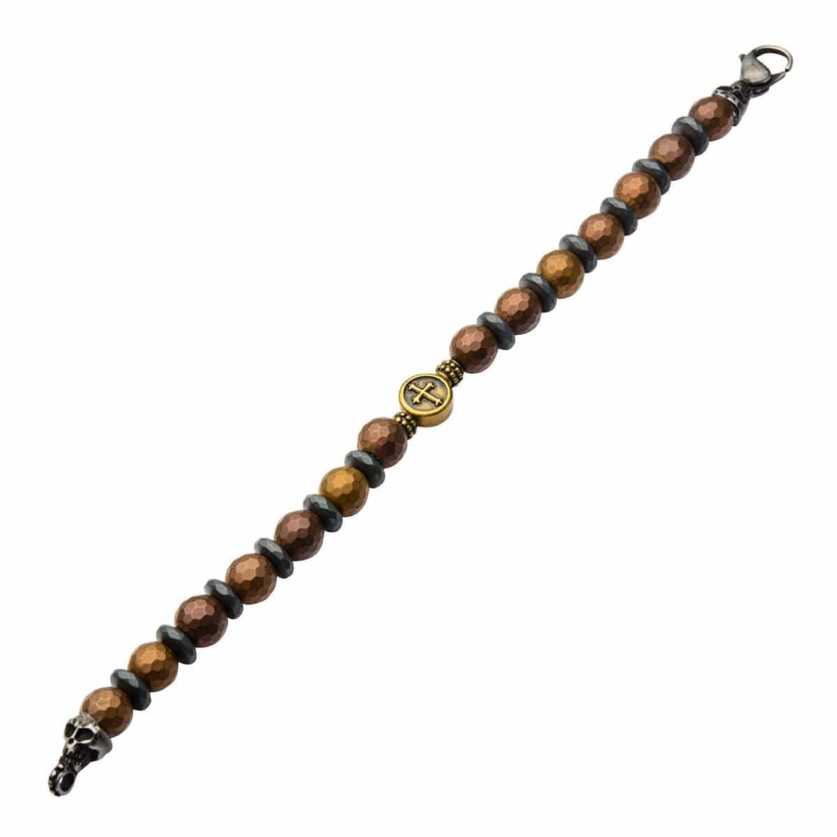 INOX JEWELRY Bracelets Black and Golden Tone Stainless Steel with Brown Hematite Roberto Arichi Cross and Skull Bead Bracelet BRRA148