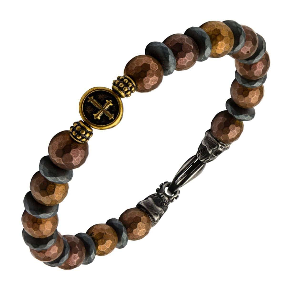 INOX JEWELRY Bracelets Black and Golden Tone Stainless Steel with Brown Hematite Roberto Arichi Cross and Skull Bead Bracelet BRRA148