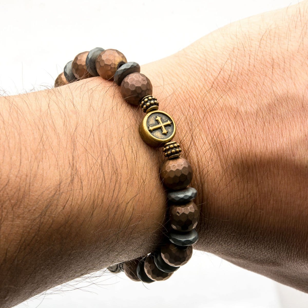 INOX JEWELRY Bracelets Black and Golden Tone Stainless Steel with Brown Hematite Roberto Arichi Cross and Skull Bead Bracelet BRRA148