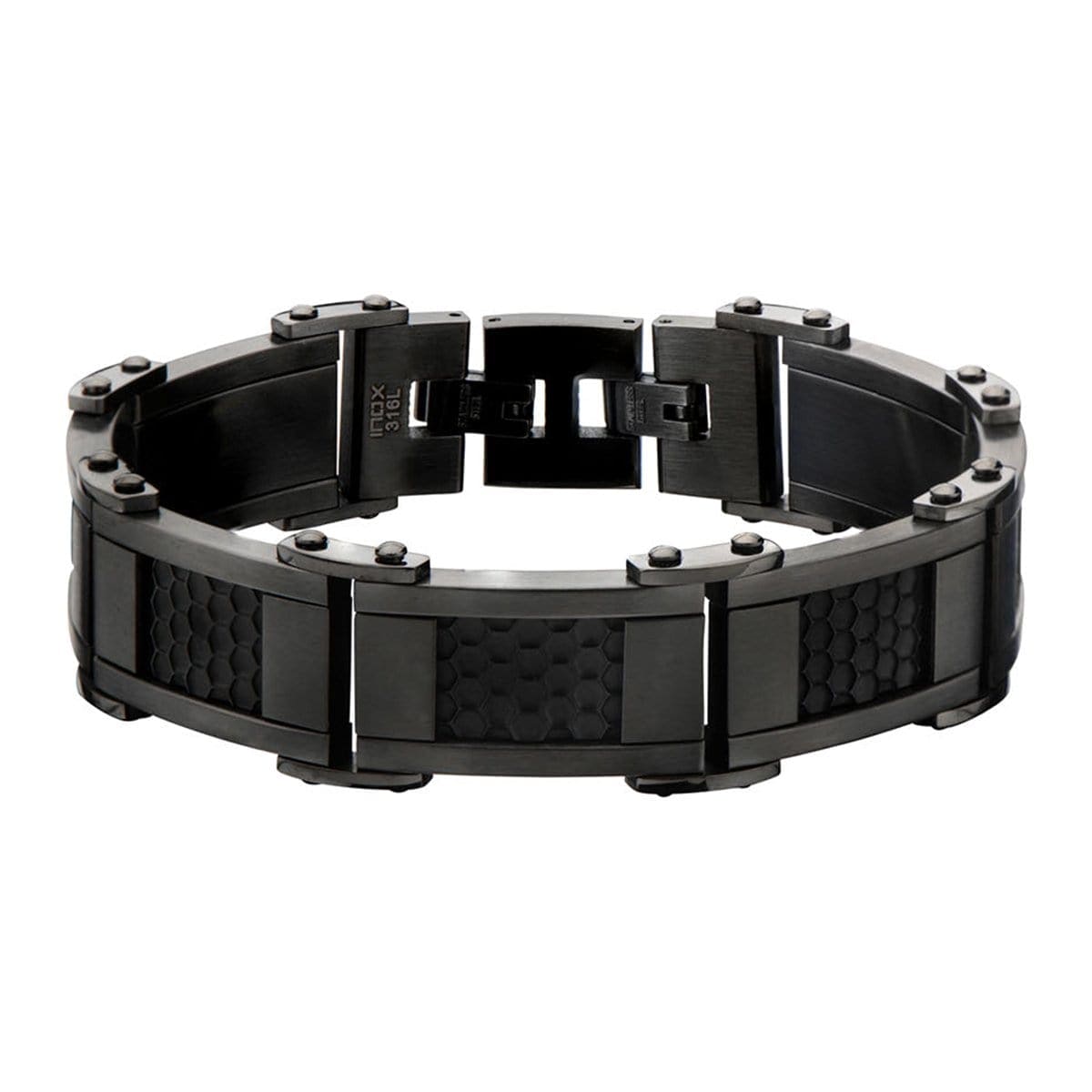 INOX JEWELRY Bracelets Black and Gunmetal Silver Tone Stainless Steel Adjustable Honeycomb Bracelet BR14414