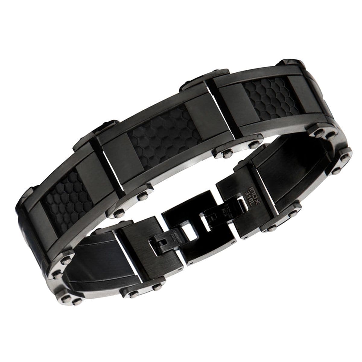INOX JEWELRY Bracelets Black and Gunmetal Silver Tone Stainless Steel Adjustable Honeycomb Bracelet BR14414