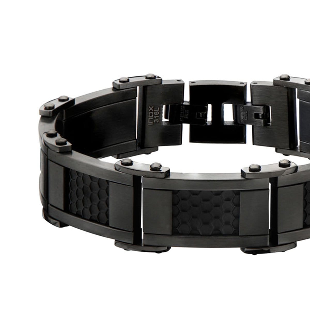 INOX JEWELRY Bracelets Black and Gunmetal Silver Tone Stainless Steel Adjustable Honeycomb Bracelet BR14414