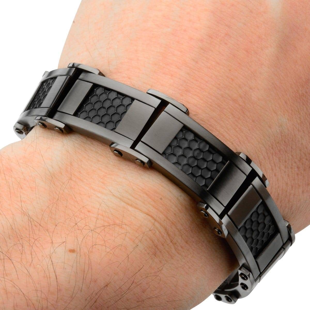INOX JEWELRY Bracelets Black and Gunmetal Silver Tone Stainless Steel Adjustable Honeycomb Bracelet BR14414