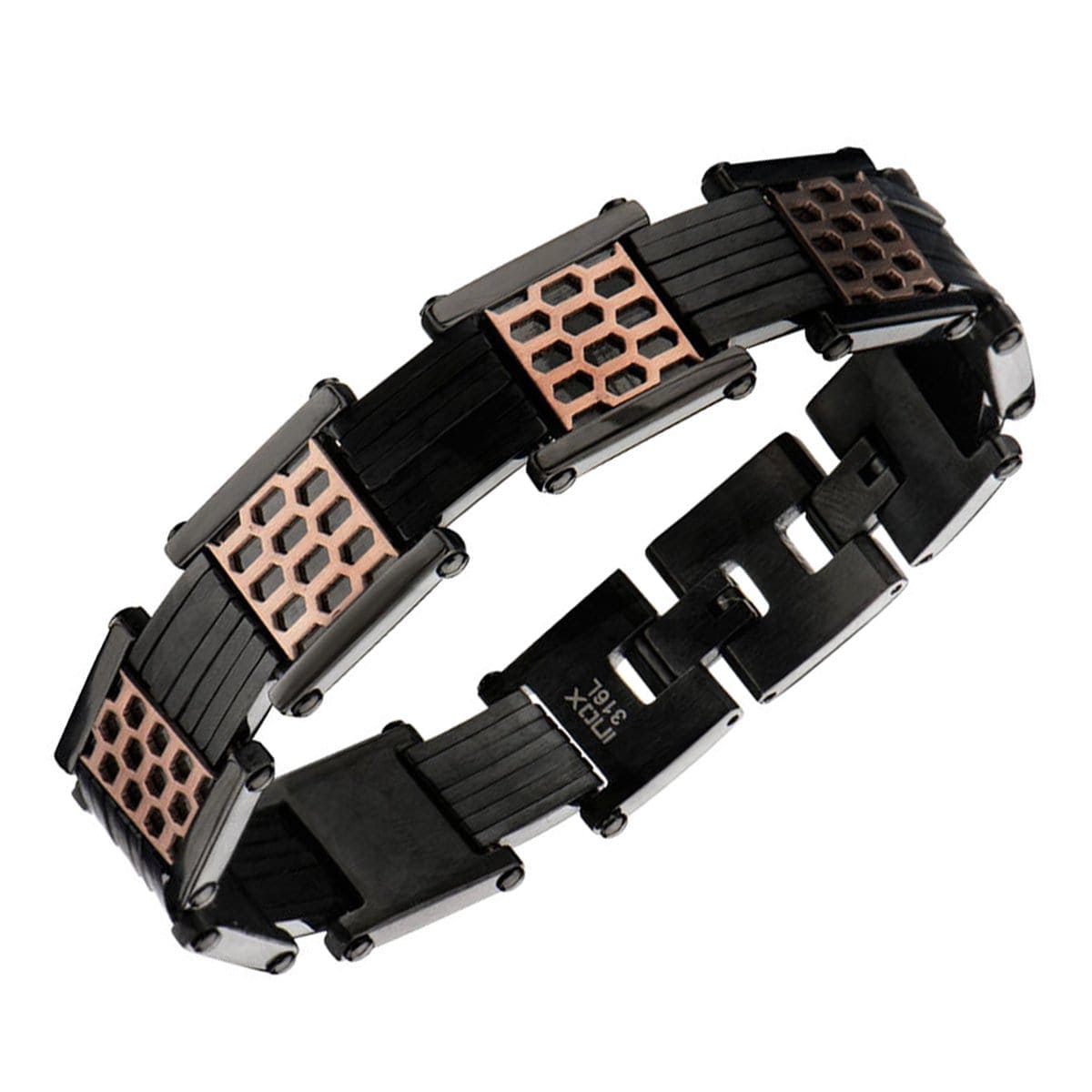INOX JEWELRY Bracelets Black and Rose Tone Stainless Steel Car Grille Link Bracelet BR14442