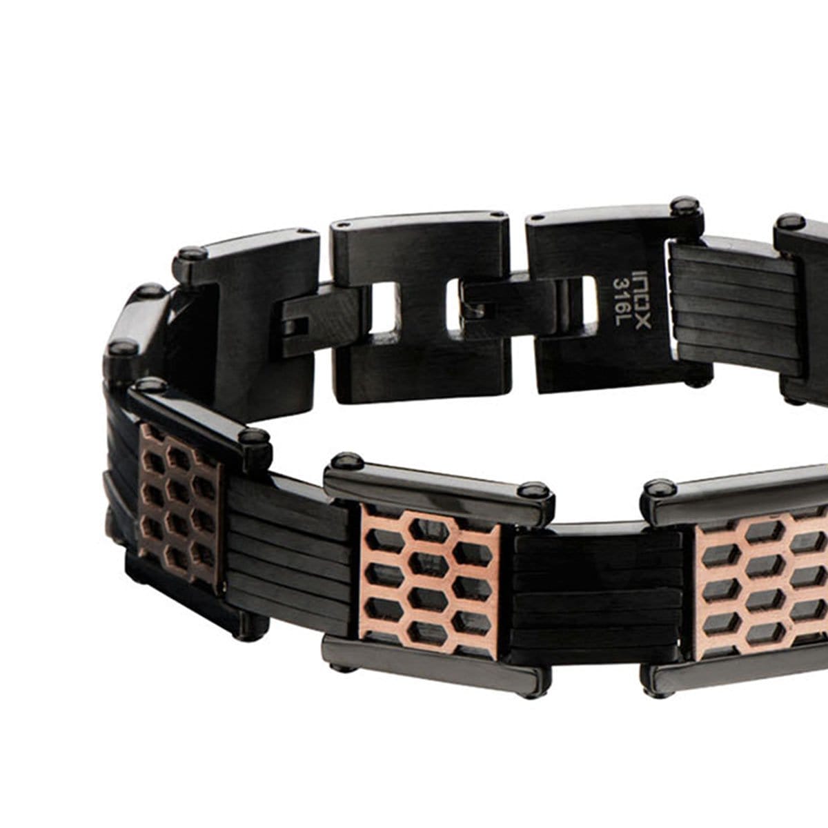 INOX JEWELRY Bracelets Black and Rose Tone Stainless Steel Car Grille Link Bracelet BR14442