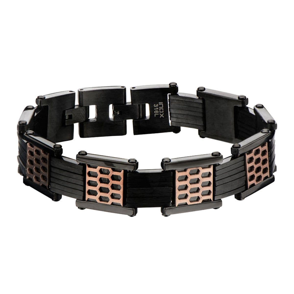 INOX JEWELRY Bracelets Black and Rose Tone Stainless Steel Car Grille Link Bracelet BR14442