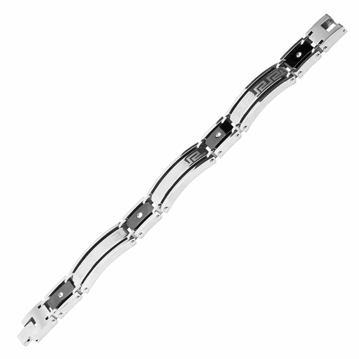 INOX JEWELRY Bracelets Black and Silver Tone Stainless Steel Greek Key Pattern with CZ Bracelet BR2484