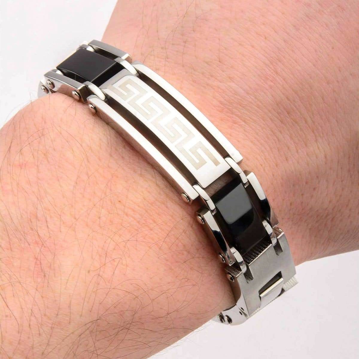INOX JEWELRY Bracelets Black and Silver Tone Stainless Steel Greek Key Pattern with CZ Bracelet BR2484