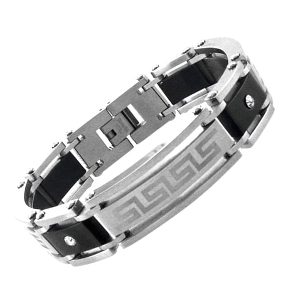 INOX JEWELRY Bracelets Black and Silver Tone Stainless Steel Greek Key Pattern with CZ Bracelet BR2484