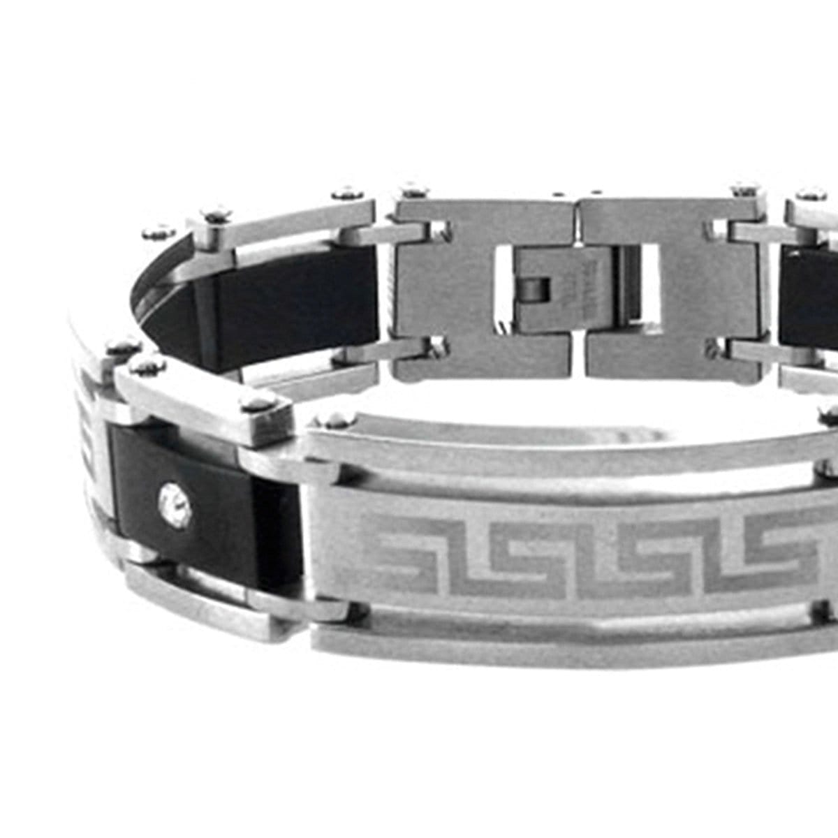 INOX JEWELRY Bracelets Black and Silver Tone Stainless Steel Greek Key Pattern with CZ Bracelet BR2484