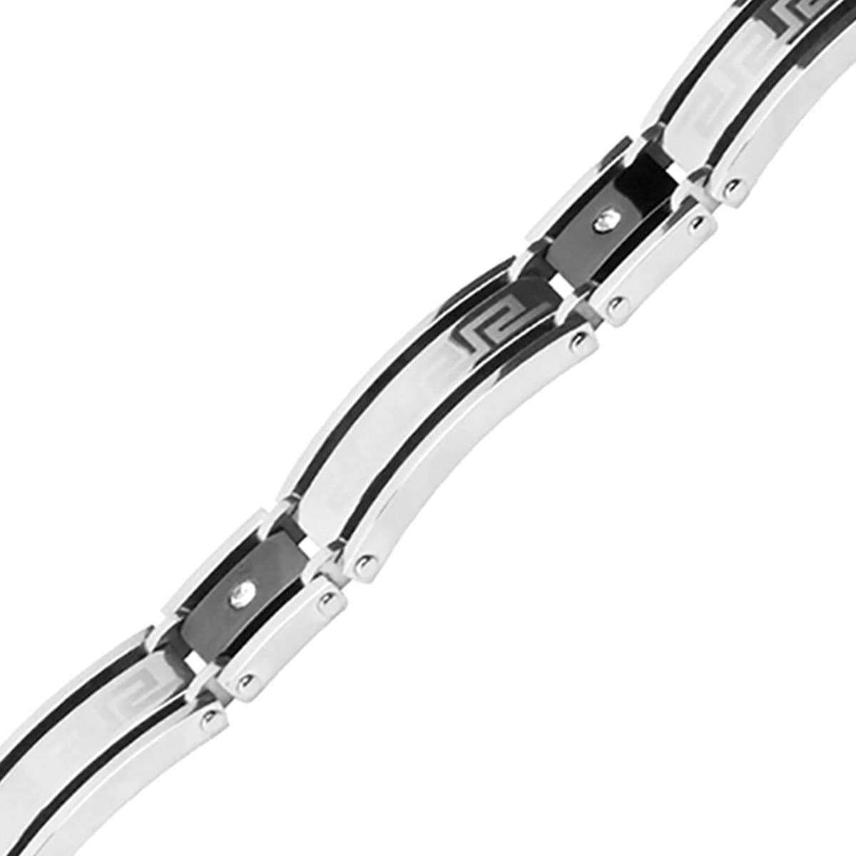INOX JEWELRY Bracelets Black and Silver Tone Stainless Steel Greek Key Pattern with CZ Bracelet BR2484