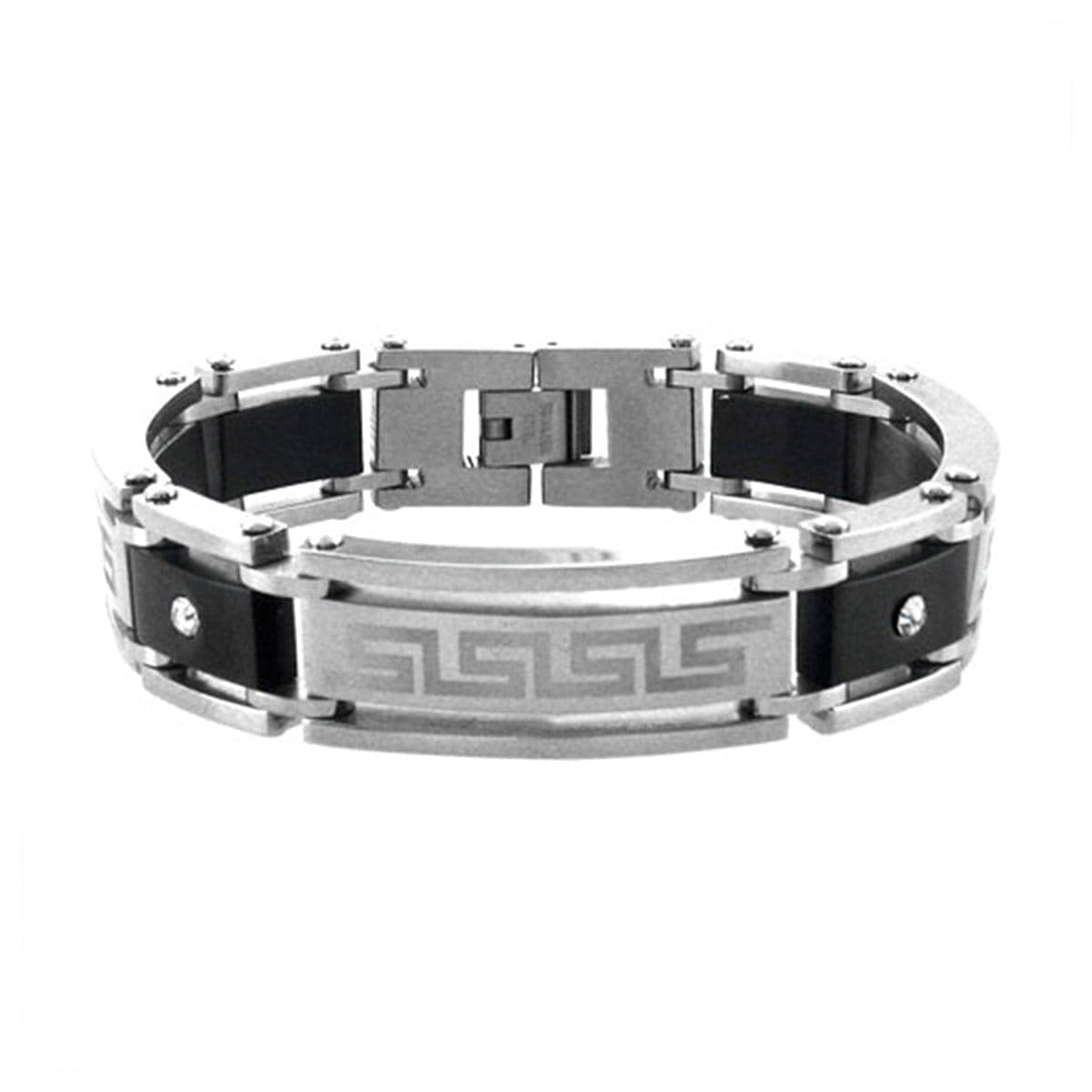 INOX JEWELRY Bracelets Black and Silver Tone Stainless Steel Greek Key Pattern with CZ Bracelet BR2484