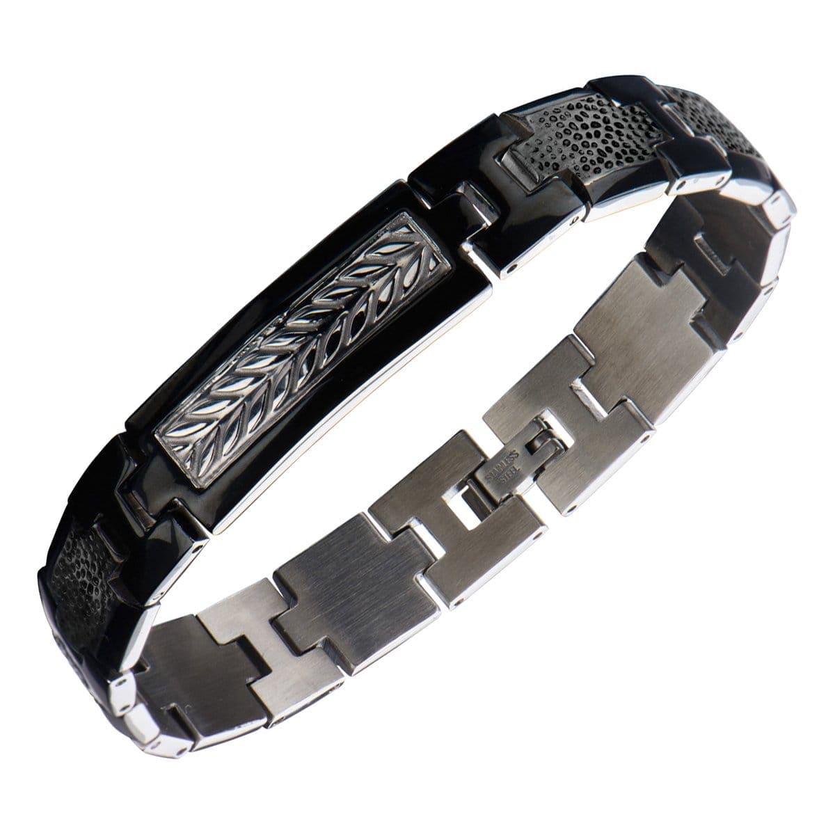 INOX JEWELRY Bracelets Black and Silver Tone Stainless Steel Leaf Patterned Link Bracelet BR17798