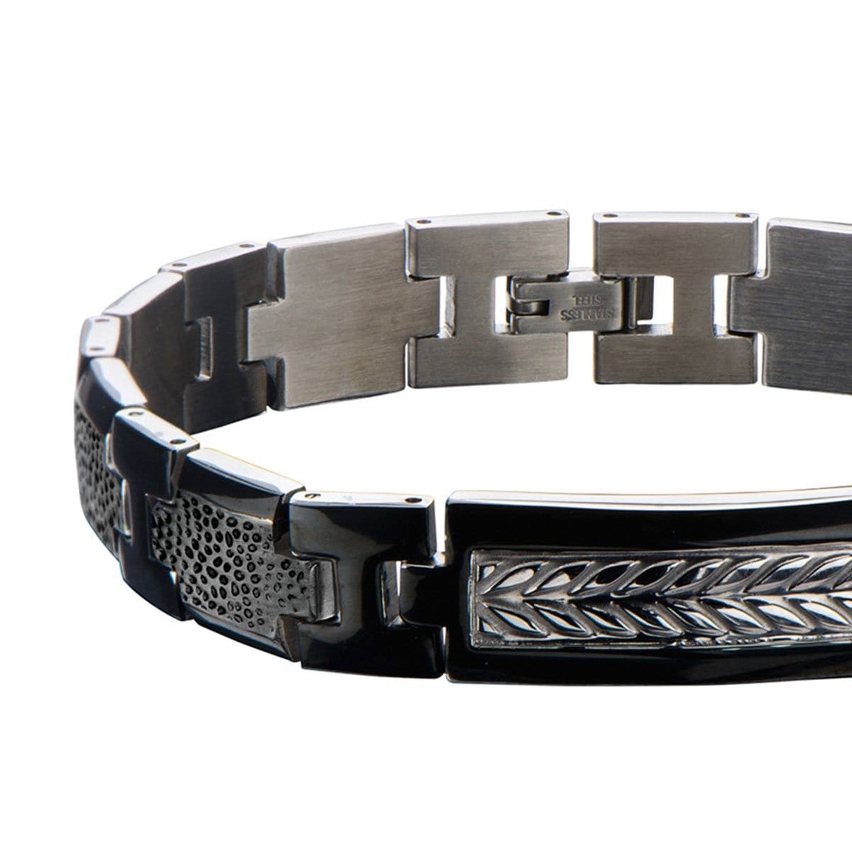 INOX JEWELRY Bracelets Black and Silver Tone Stainless Steel Leaf Patterned Link Bracelet BR17798