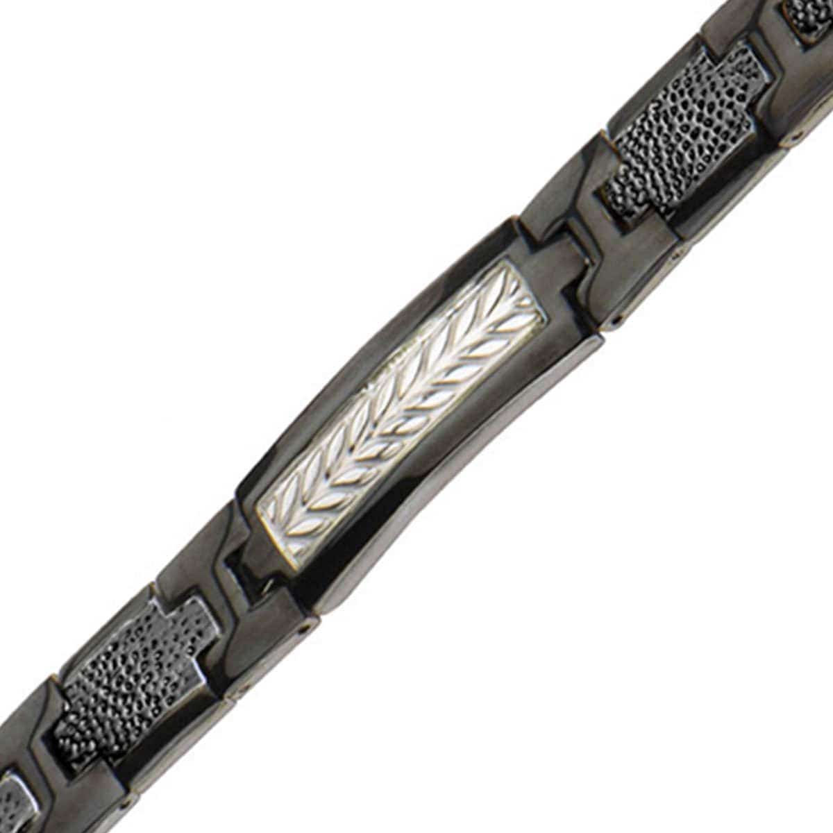 INOX JEWELRY Bracelets Black and Silver Tone Stainless Steel Leaf Patterned Link Bracelet BR17798