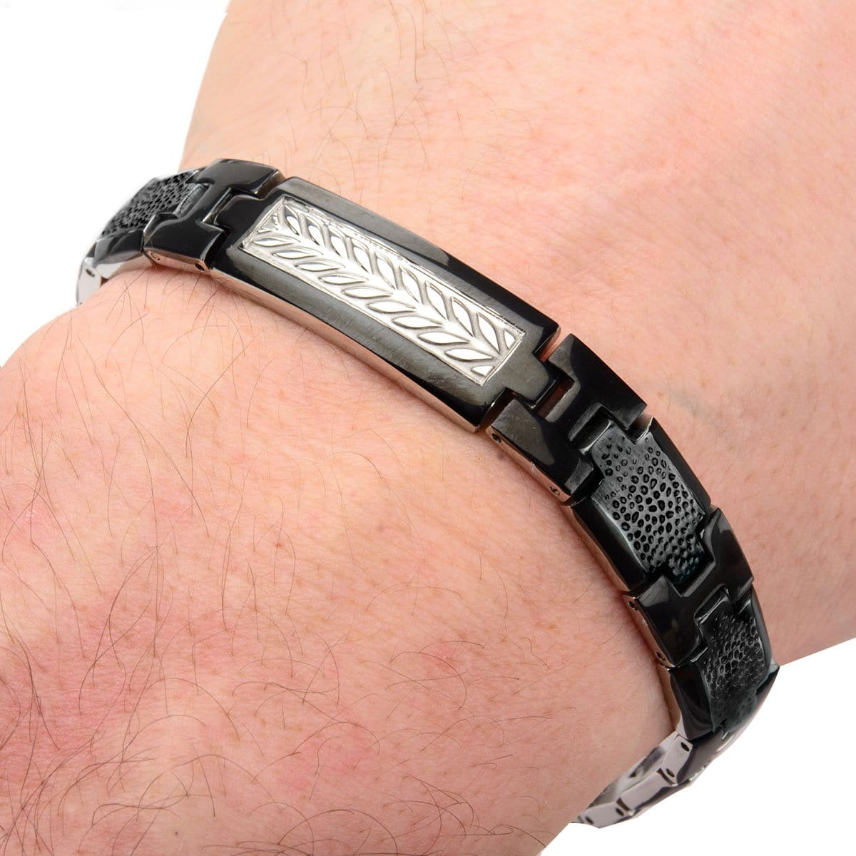 INOX JEWELRY Bracelets Black and Silver Tone Stainless Steel Leaf Patterned Link Bracelet BR17798