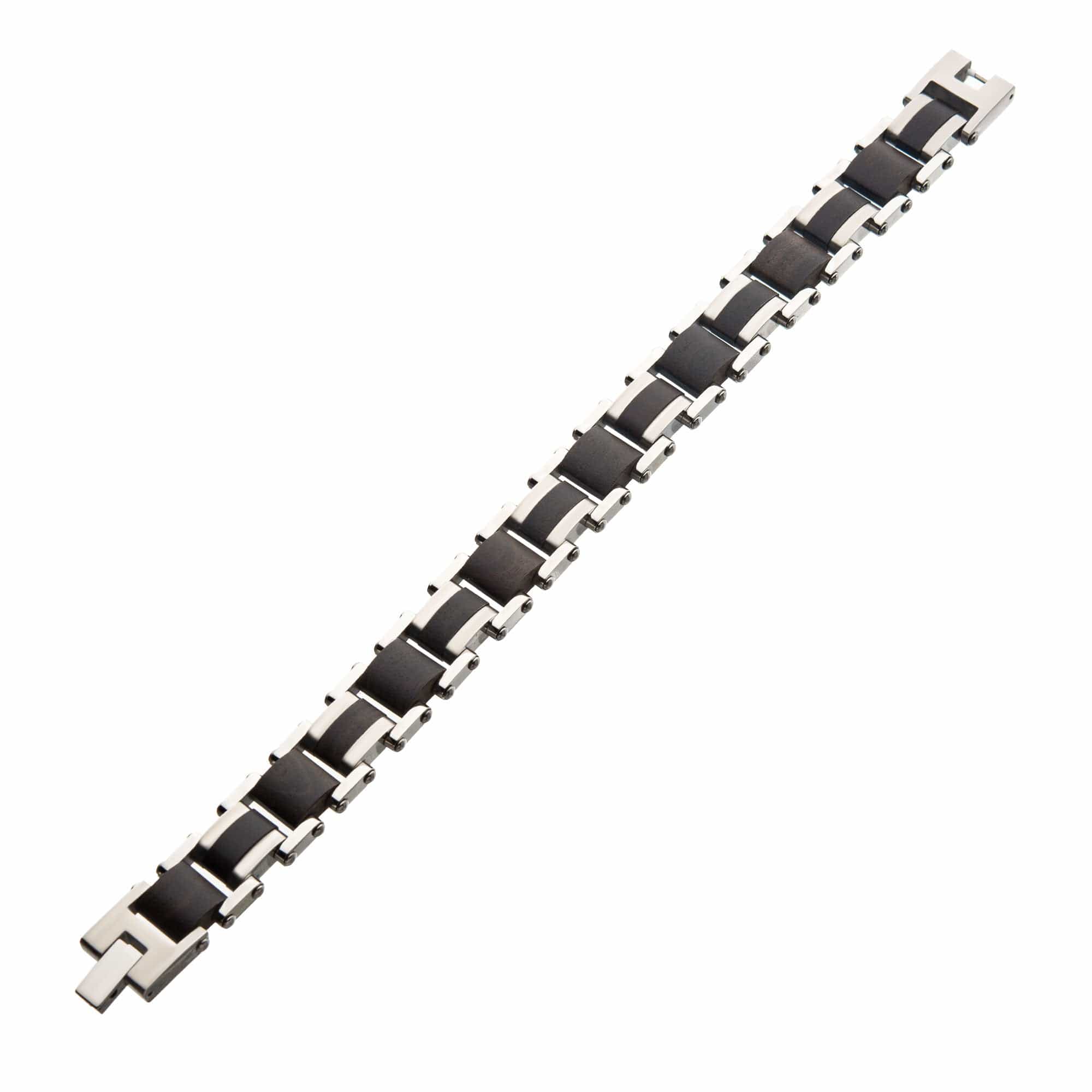 INOX JEWELRY Bracelets Black and Silver Tone Stainless Steel Matte Finish with Ebony Wood Link Bracelet BR34382